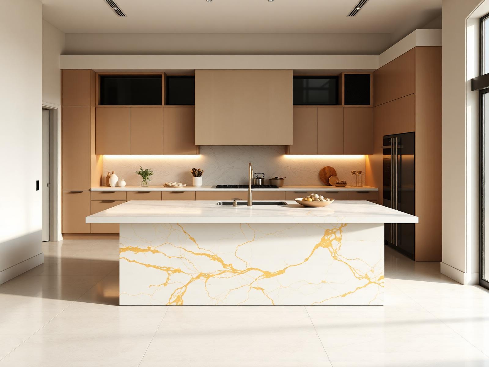 Modern kitchen with a calacatta gold veined stone island